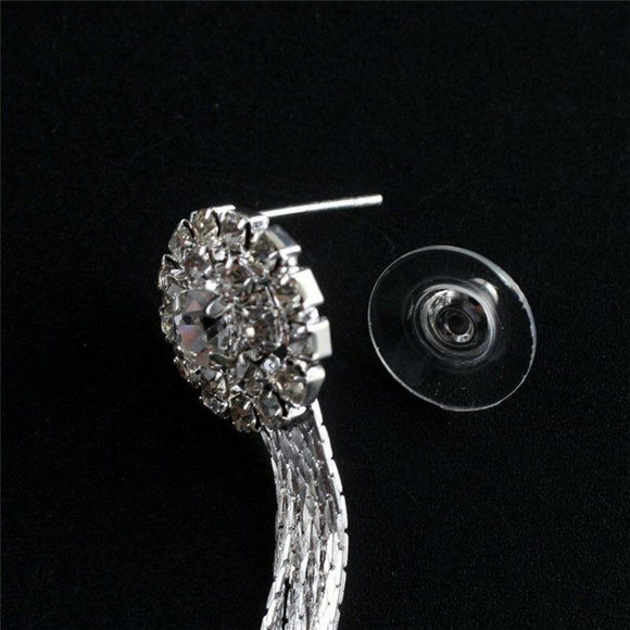 Long Silver Color Dangling Chain Tassel Crystal Earrings - Picture 6 of 7